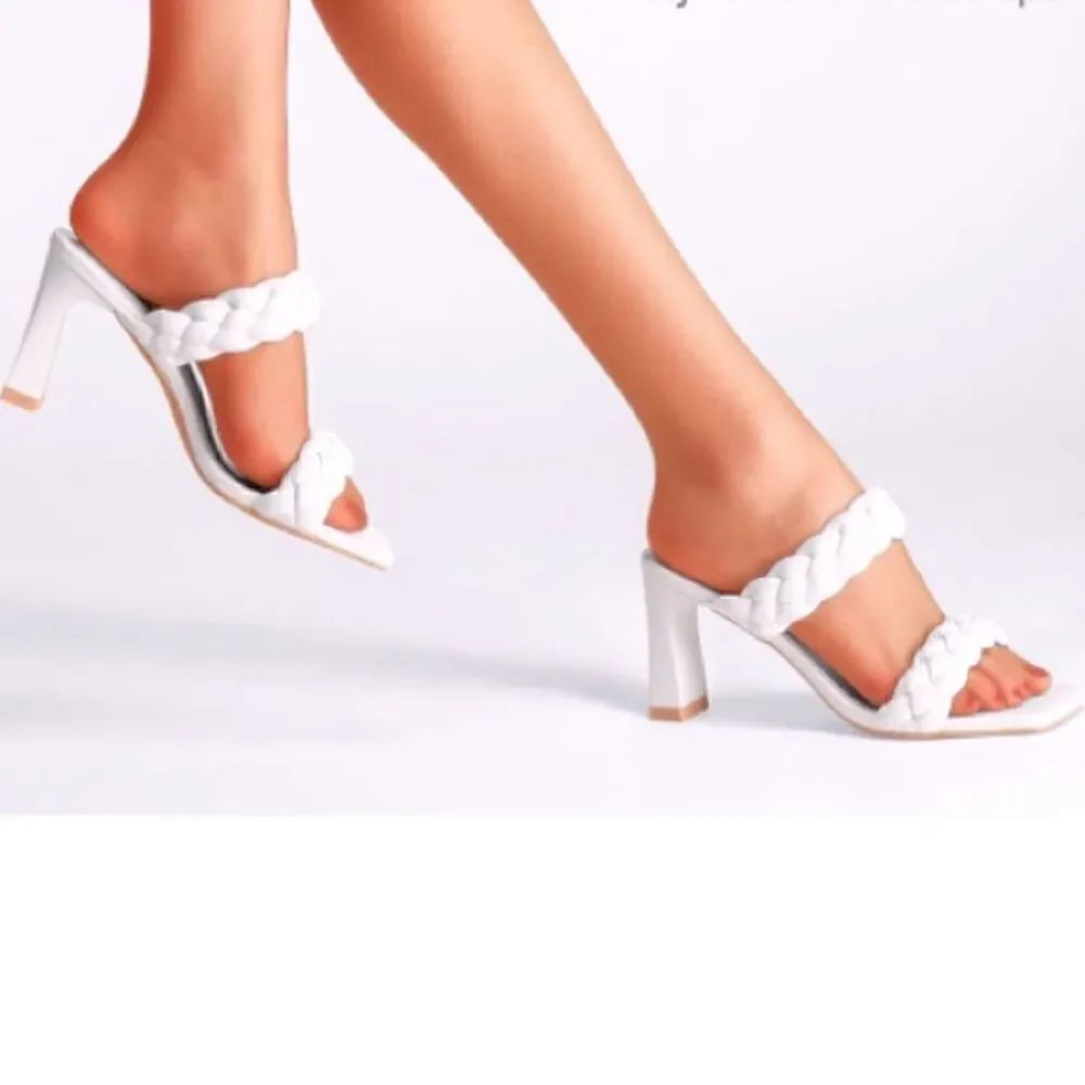 Carcuume Braided Double Strap Square Toe Chunky Slip On Backless High Heels